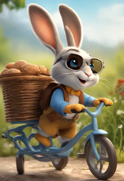 (((Cartoon Character 1.3)))，((There was a turtle on the cart：1.3))，(((A super cute rabbit pushing a bicycle)))，The rabbit wears a speckled vest，Denim shorts on the bottom，Naughty expression，HD Real，Black eyes，Flying figure，HD picture，Sony SLR lens，Shoot at...