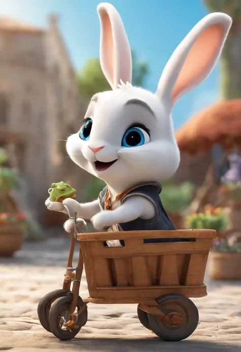 (((Cartoon Character 1.3)))，((There was a turtle on the cart：1.3))，(((A super cute rabbit pushing a bicycle)))，The rabbit wears a speckled vest，Denim shorts on the bottom，Naughty expression，HD Real，Black eyes，Flying figure，HD picture，Sony SLR lens，Shoot at...