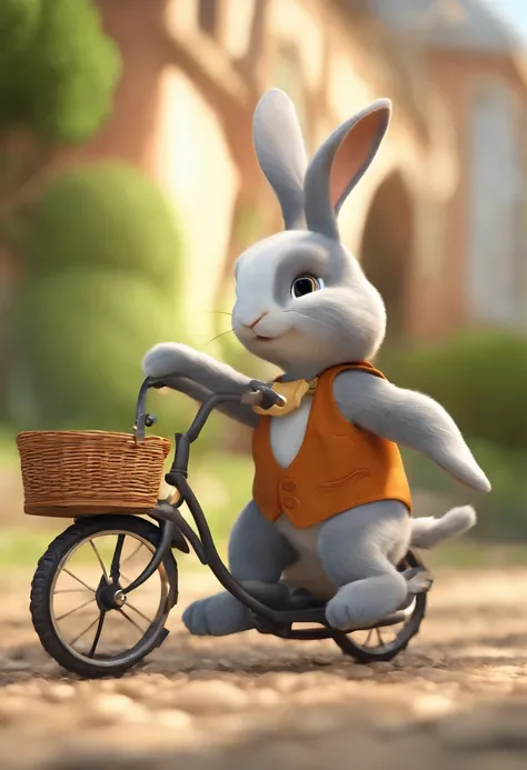 (((Cartoon Character 1.3)))，((There was a turtle on the cart：1.3))，(((A super cute rabbit pushing a bicycle)))，The rabbit wears a speckled vest，Denim shorts on the bottom，Naughty expression，HD Real，Black eyes，Flying figure，HD picture，Sony SLR lens，Shoot at...