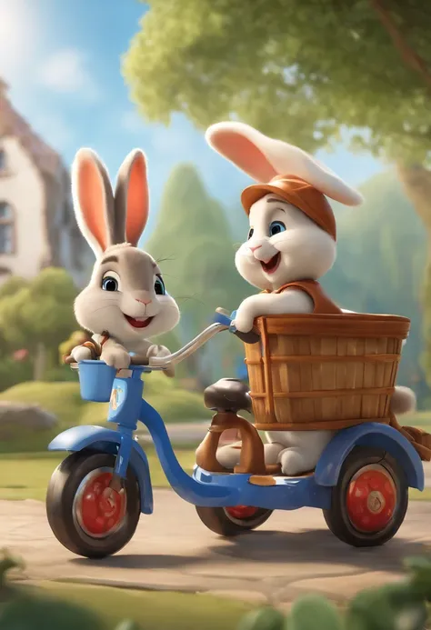 (((Cartoon Character 1.3)))，((There was a turtle on the cart：1.5))，(((A super cute rabbit pushing a bicycle)))，The rabbit wears a speckled vest，Denim shorts on the bottom，Naughty expression，HD Real，Black eyes，Flying figure，HD picture，Sony SLR lens，Shoot at...