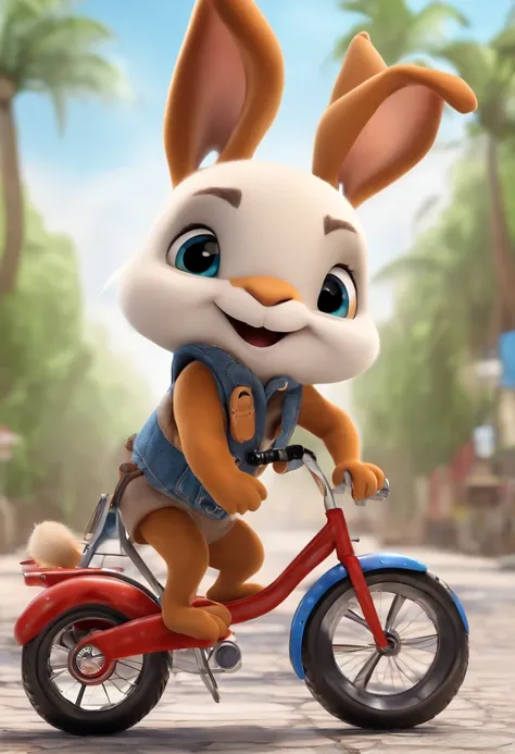 (((Cartoon Character 1.3)))，((There was a turtle on the cart：1.5))，(((A super cute rabbit pushing a bicycle)))，The rabbit wears a speckled vest，Denim shorts on the bottom，Naughty expression，HD Real，Black eyes，Flying figure，HD picture，Sony SLR lens，Shoot at...