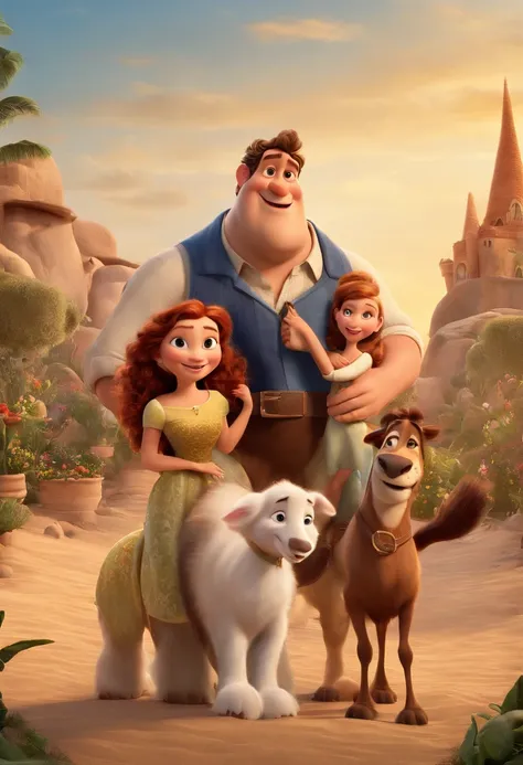 a Disney Pixar movie poster showing a white-skinned family. The father is the tallest, Tem barba curta, loiro, cabelos curtos e espinhosos. The mother has brown eyes and hair, shoulder-length and is slightly overweight. A menina tem 4 anos e cabelos castan...