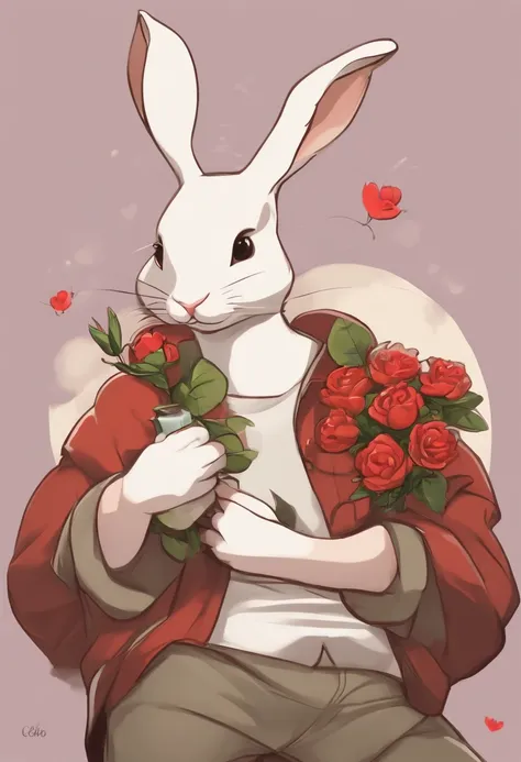 (((Personagem de desenho animado 1.3)))，(((coelho super bonito)))，A red flower on the head of a rabbit，Usa um colete manchado na parte superior，Denim shorts on the bottom，(((mobile phone in hand)))，Standing Posture，Naughty Expression，HD Real，olhos negros，F...