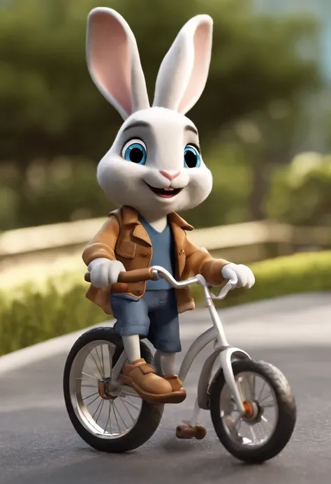 (((Cartoon Character 1.3)))，((There was a turtle on the bike：1.5))，(((A super cute rabbit pushing a bicycle)))，The rabbit wears a speckled vest，Denim shorts on the bottom，Naughty expression，HD Real，Black eyes，Flying figure，HD picture，Sony SLR lens，Shoot at...