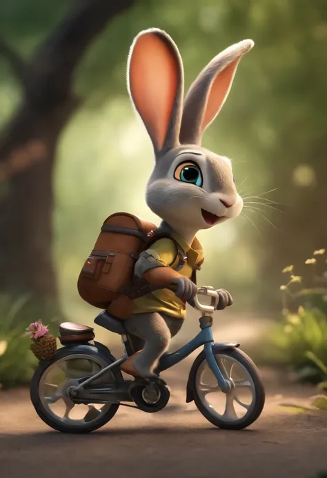 (((Cartoon Character 1.3)))，((There was a turtle on the bike：1.5))，(((A super cute rabbit pushing a bicycle)))，The rabbit wears a speckled vest，Denim shorts on the bottom，Naughty expression，HD Real，Black eyes，Flying figure，HD picture，Sony SLR lens，Shoot at...