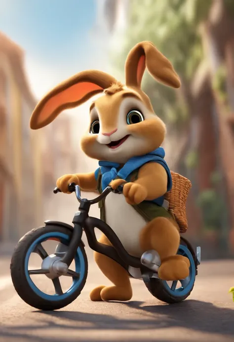 (((Cartoon Character 1.3)))，((There was a turtle on the bike：1.5))，(((A super cute rabbit pushing a bicycle)))，The rabbit wears a speckled vest，Denim shorts on the bottom，Naughty expression，HD Real，Black eyes，Flying figure，HD picture，Sony SLR lens，Shoot at...