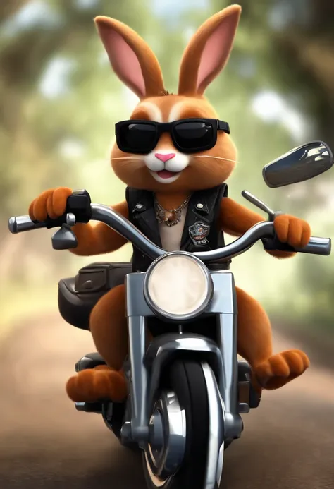 (((Cartoon Character 1.3)))，(((A super cute bunny riding a Harley-Davidson motorcycle)))，The rabbit wears a speckled vest，Denim shorts on the bottom，Naughty expression，HD Real，Black eyes，Flying figure，HD picture，Sony SLR lens，Shoot at medium distance，Soft ...