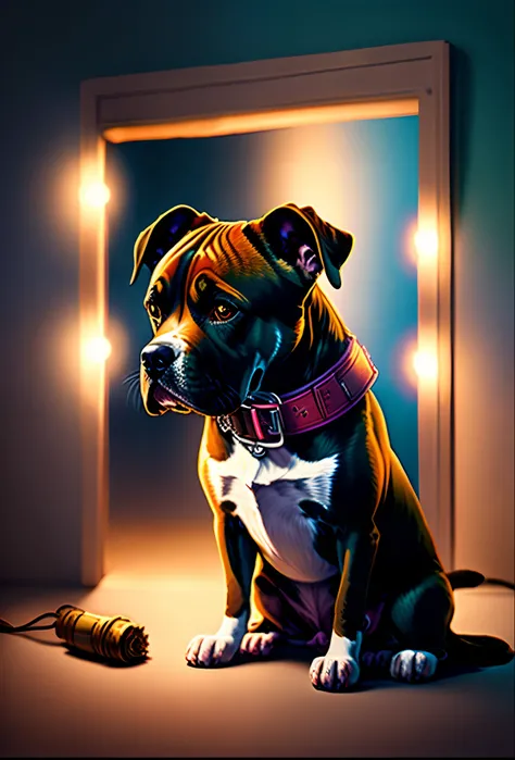 Brown Pitbull Dog Character with Blue Collar Sunny Magic Background, detalhes ultra preciosos, detalhes intrincados, volumeric lighting, foto realista, realista, fotografia, arte digital, 8k, trending on ArtStation, foco nítido, Studio photo, detalhes intr...