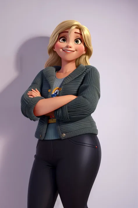 Mulher loira de pele clara, sorridente, cabelo curto loiro escuro, Olhos escuros, Estilo Disney Pixar, alta qualidade, High definition.