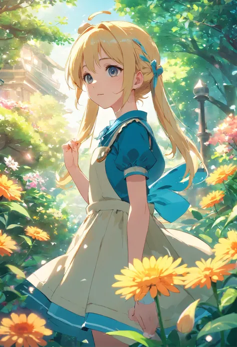 A 6-year-old blonde girl with long double twintails hair, dynamic pose, alice in wonderland, garden, fliwers, flower petals, alta qualidade, Foco claro (mess - house: 0.8), (obra-prima: 1.2) (realista: 1.2) (Bokeh) (melhor qualidade) (pele detalhada: 1.3) ...