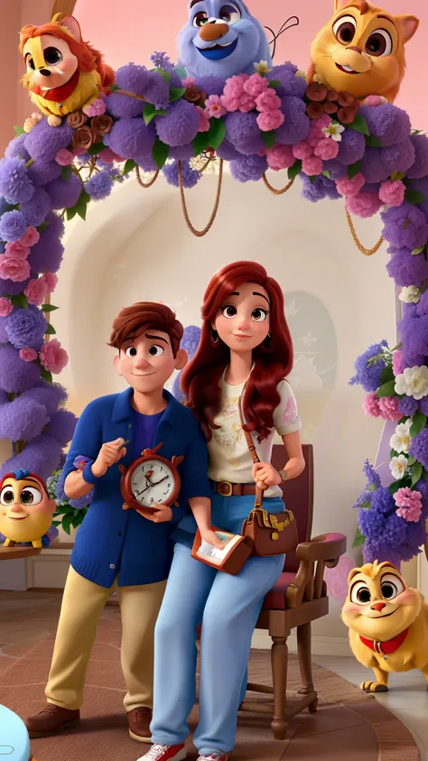 Casal (homem moreno e mulher branca) no estilo Disney Pixar, alta qualidade, melhor qualidade.