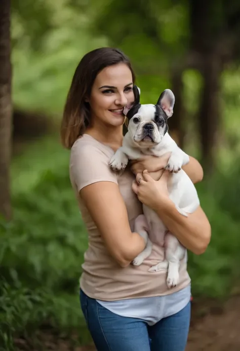 Couple of kindergarten teacher and civil engineer. Ela cabelo ondulado e castanho, baixinha, magra. Ele cabelo castanho raspado dos lados e onda no meio, magro e mais alto que ela.  Cachorro feliz, White French bulldog with white spots.