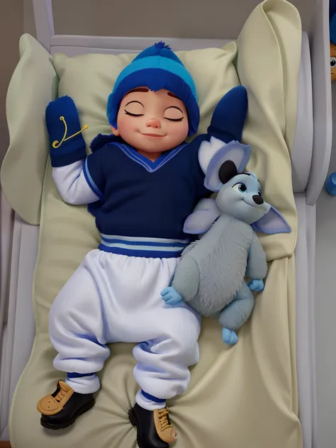 bebe dormindo com chupeta e blusinha azul de olhos fechados, Disney pixar |