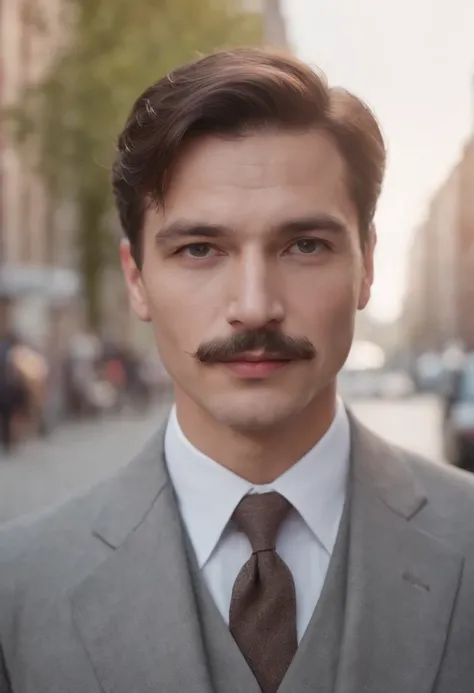 The third person view, the moustache, the gray suit, the daylight, the bustling city street, 2035, the depth of the field, is very real.