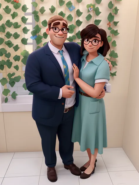 Couple man in glasses, cabelo curto e mulher de cabelo cacheado no estilo Disney Pixar, alta qualidade, melhor qualidade