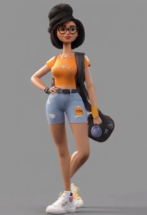 Crie um poster 3D estilo Disney/Pixar Menina negra de 18 anos com cabelo cacheado curto nos ombros ,who has round black glasses and has small eyes and the eye color is dark brown, e na sua bochecha aparece covinhas quando sorri, vestida com uma camiseta da...