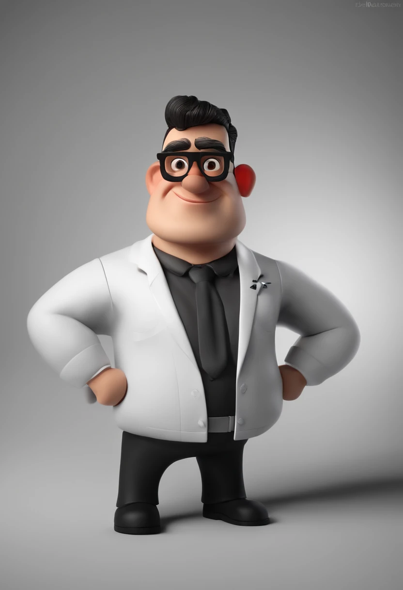 Cartoon character of a man with black hair and beard wearing black glasses and a white shirt with 3 red horizontal stripes,branca e preta, um personagem animado, Caractere estilizado, animation style rendering, 3D estilizado, Arnold Maya render, 3 d render...