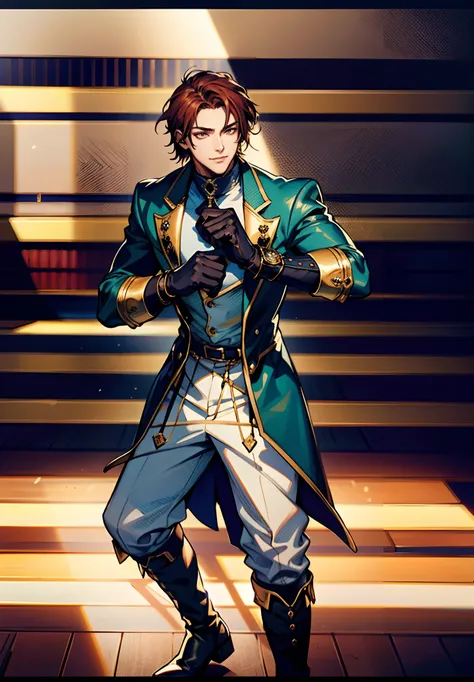 A young man, auburn hair, a center-parted back hairstyle, dark skin, narrow eyes, a cunning smile, a two-piece fantasy-reality style outfit, a white undershirt, a dark formal-style coat, wearing gloves, matching trousers with the outfit, has metallic-adorn...