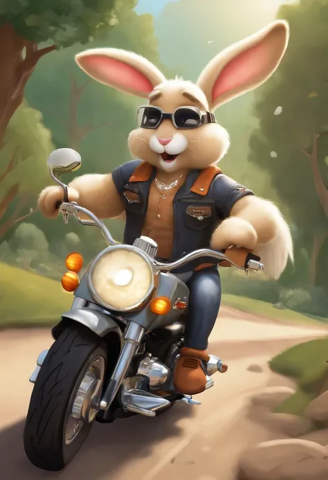 (((Cartoon Character 1.3)))，(((Two cute bunnies cuddled together on a Harley-Davidson motorcycle)))，The rabbit wears a speckled vest，Denim shorts on the bottom，Long white hair that floated up，Naughty expression，HD Real，Black eyes，Flying figure，HD picture，S...