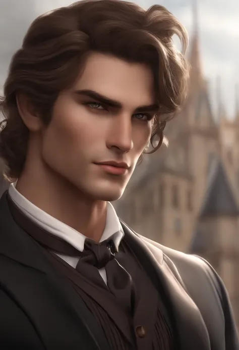 {{master part, best quality, CG extremamente detalhado, Personagem Disney masculino, pele parda, olhos castanhos, cabelo castanho social, terno preto, camisa branca, gravata vermelha, standingn, rosto arredondado, magro, alto