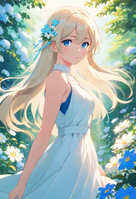 Trading, blue eyes, flowers, white long hair, white dress