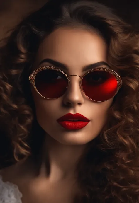 To an ordinary woman sunglasses on her head with curly hair away with red lipstick and brown eyes.