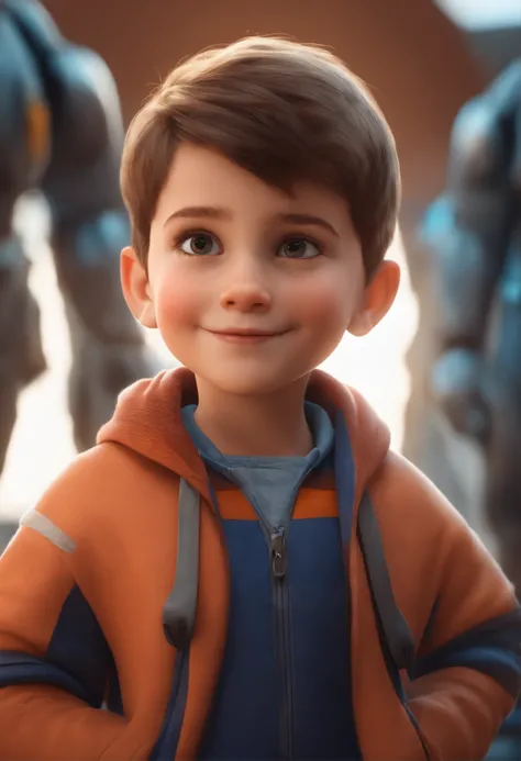 a happy cute kid standing short hair, vestindo uma fantasia espacial, , fundo branco, barnet, Tom, Estilo Pixar, ....3d, desenhos animados, rosto detalhado, asymmetrical 16k