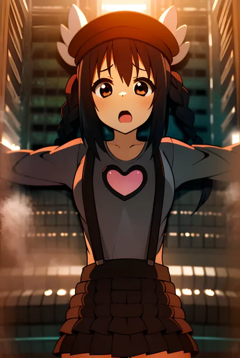 1girl, (((​masterpiece))), top-quality, top-quality, high détails, nakano azusa, 1girl, Twin-tailed, length hair, A dark-haired, brown-eyed, Gray T-shirt.suspenders.a black skirt.illustratio, comic strip, soothing tones, Subdued Color, Soft cinematic light...