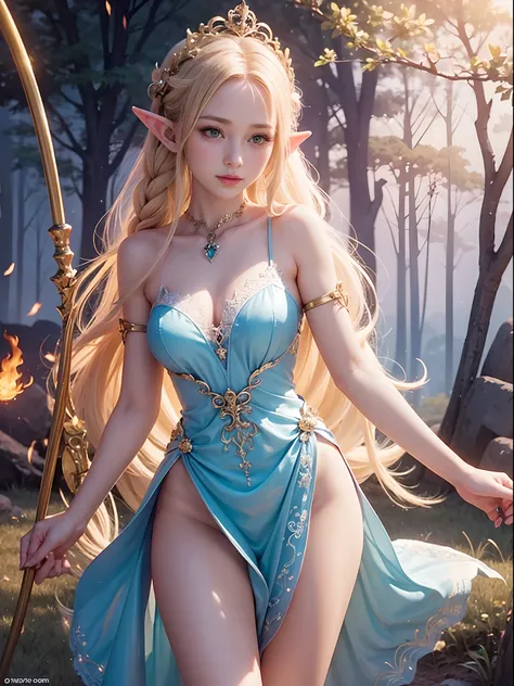A graceful elf girl stands in a meadow, her delicate features illuminated by the soft light of the setting sun. Her long, flowing hair cascades down her back, adorned with intricate braids and adorned with sparkling jewels. This stunning painting captures ...