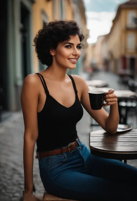 Beautiful Brazilian woman sitting and drinking coffee outside on the side of the street in a small café, beautiful face, Short black hair down to the nape of her neck with brown eyes and heavy eyeshadow, Wearing jeans and a black polo shirt, grande estilo ...