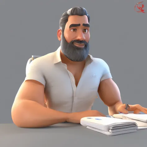 Criar um personagem no estilo Pixar. Trata-se de um homem de 51 anos, com barba, Branco, calvo usando um bone do golden state warriors, e olhos castanhos. Ele deve estar na frente de um computador, Trabalhar como designer