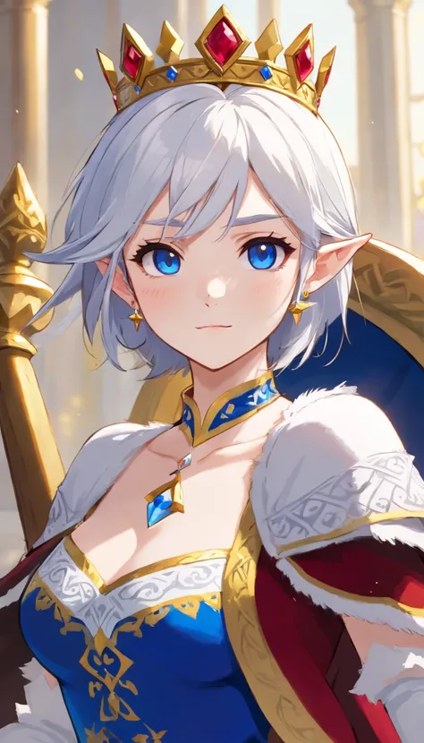 solo, 1girl, (masterpiece), ((20 year old appearance)), adult white hair, short hair, white eyes, anime girl, Golden crown with a ruby ​​in the middle, Blue dress, Throne of ice