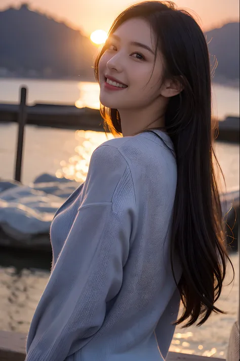 Best Quality,Masterpiece,The ultra-Highres,(Realisticity:1.4),OriginalPhoto,Cinematic lighting,
1Girl,Smile,Back lighting,sunset,