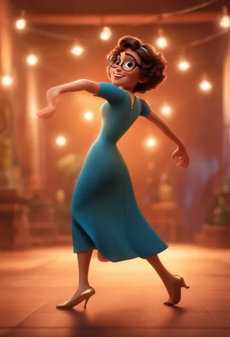 Pixar style image with 3D character white glasses brunette woman short curly hair dancing, Maquiagem Disney,Pescador, bonitinho, sorridente ,Close-up, Pixar, Disney, Cinema lighting,