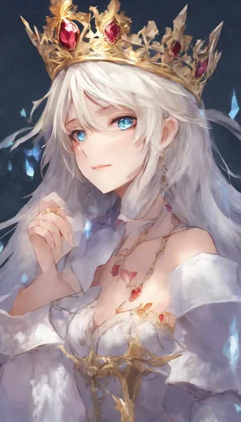 solo, 1girl, (masterpiece), ((20 year old appearance)), adult white hair, short hair, white eyes, anime girl, Golden crown with a ruby ​​in the middle, Blue dress, Throne of ice