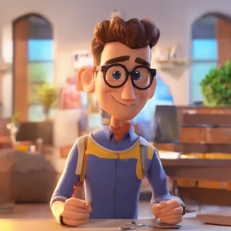 Criar um personagem no estilo Pixar. Trata-se de um homem de 30 anos, com barba, Branco, com cabelos castanhos curtos e um quiff, e olhos castanhos. Ele deve estar na frente de um computador, Trabalhar como designer