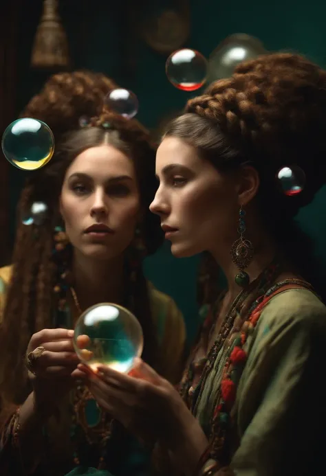 There are two women with dreadlocks blowing bubbles in a dark room, Darius Zawadzki e Tom Bagshaw, um ciborgue biopunk adolescente, psychedelic colouring, Vasos fumegantes, 3 d render of a shaman, oxygen mask, beautiful gemini twins, soprando chiclete, mod...