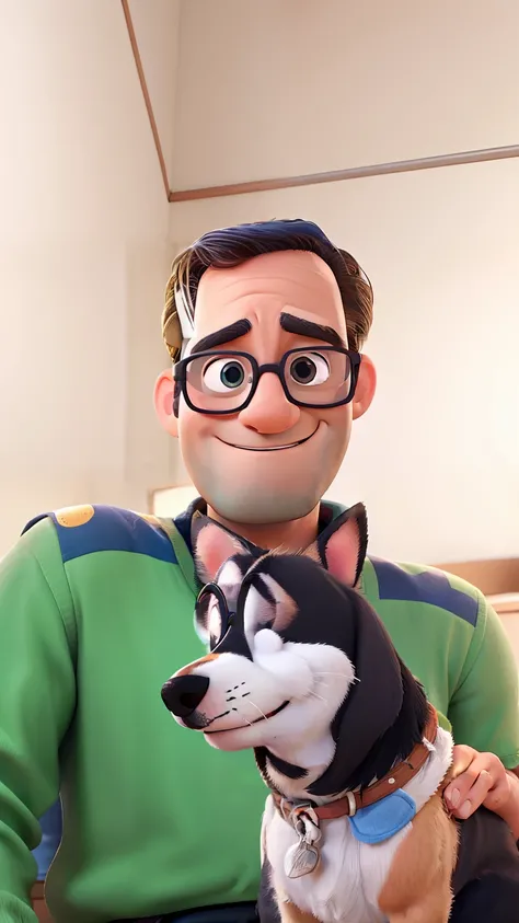 38 year old men with glasses with his little dog in a Pixar style photo