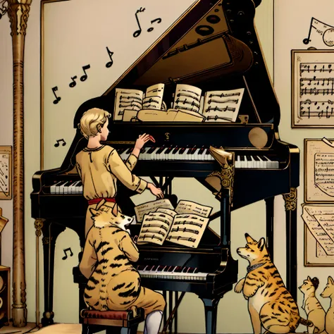 Blonde music teacher in a music room full of instruments with wallpaper with animals playing instrument and teacher playing piano