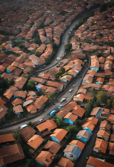 Create for me an aerial image of the Cidade Tiradentes neighborhood with housing projects and favelas in São Paulo in the format of a disney movie/pixar