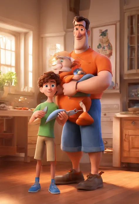 Estilo Pixar: The grown man is holding a naked blue-eyed boy and in his other hand he is holding a pair of scissors and is trying to cut off the boys testicles,3D Poster,Disney