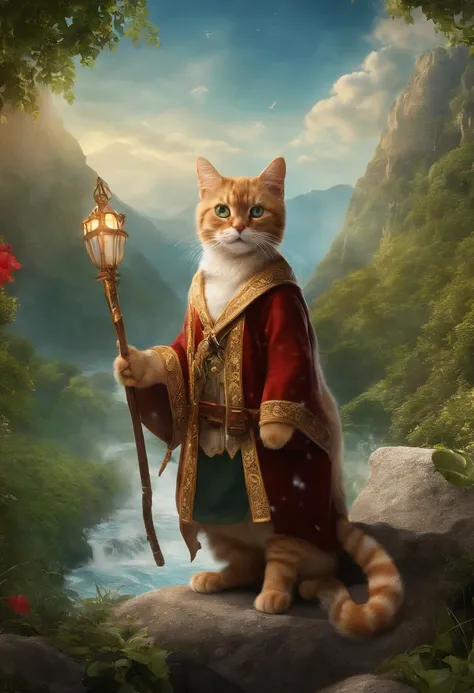 "Imagine an RPG adventure scene of mythological proportions: Em um reino de pura magia e maravilhas, um gato aventureiro com pelagem branca como a neve, veste uma roupa espetacular de aventureiro, completa com um manto enfeitado e botas ornamentadas. Ele c...