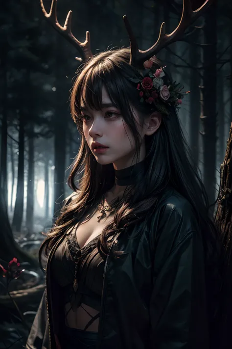 offcial art, Unity 8k壁纸, Ultra detailed, Beautiful and aesthetic, Masterpiece, Best quality, In the dark forest, a druid, There are large antlers on the head, Sad and scared expressions, Twigs entwined with flowers, (The body was wrapped in a black bandage...