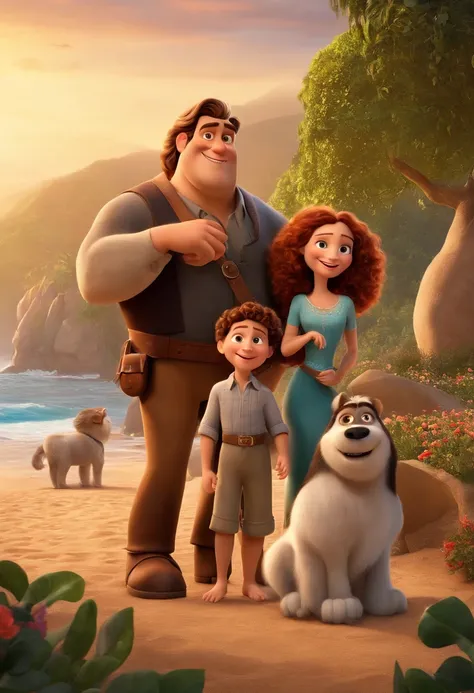 a Disney Pixar movie poster showing a white-skinned family. The father is the tallest, Tem barba curta, loiro, cabelos curtos e espinhosos. The mother has brown eyes and hair, shoulder-length and is slightly overweight. A menina tem 4 anos e cabelos castan...