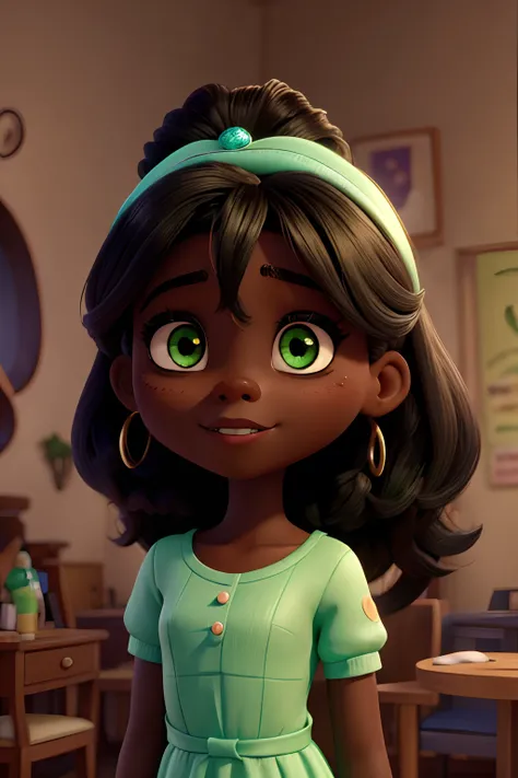 Capa de filme estilo Disney, uma menina preta com olhos verdes, Dark skin and straight hair working eyelash extension and a beauty studio in the background