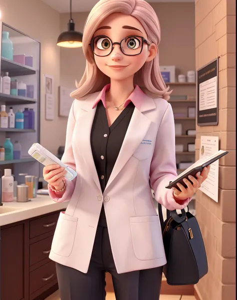 Uma mulher dermatologista , com 28 anos Serious, Chic and wise, with medium straight hair with highlights, olhos na cor preta, olhos esbugalhados e boca grande, with black dress pants, Pink lab coat and cream pants, of prescription glasses with brown frame...