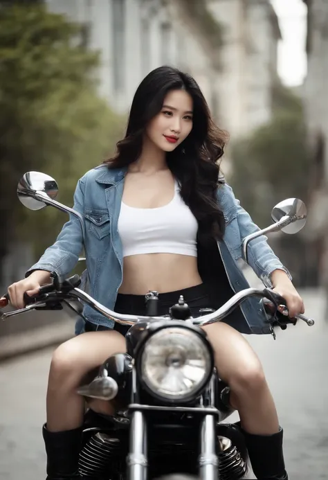 (((filmposter)))，(((A super sexy 25-year-old Chinese female model wearing a leather skirt and riding a Harley-Davidson motorcycle))，He wears a white Nike T-shirt on his upper body，Denim shorts on the bottom，Long black hair that floated up，Real expressions，...