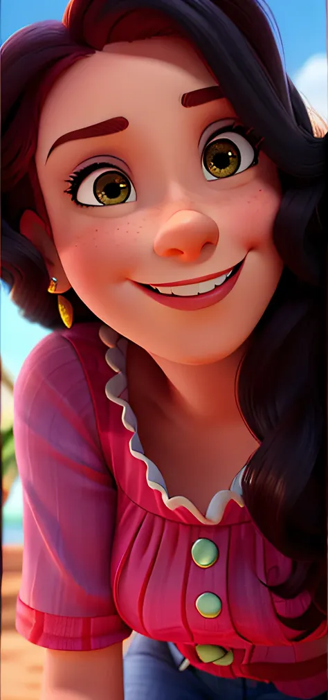 uma mulher branca, com sorriso de canto, ruiva, estilo disney pixar, alta qualidade, melhor qualidade