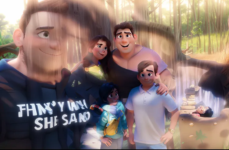 A Disney Pixar-style family in the woods on a sunny day, alta qualidade