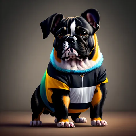 Creates Pixar-style image of a black adult French Bulldog standing with the shirt of São Paulo Futebol clube